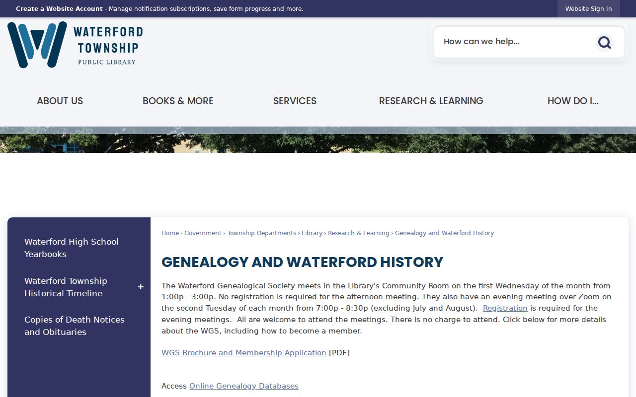 Waterford Township directory genealogy resources at the library