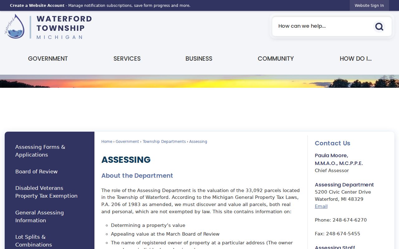Waterford Township directory for resident assessor records