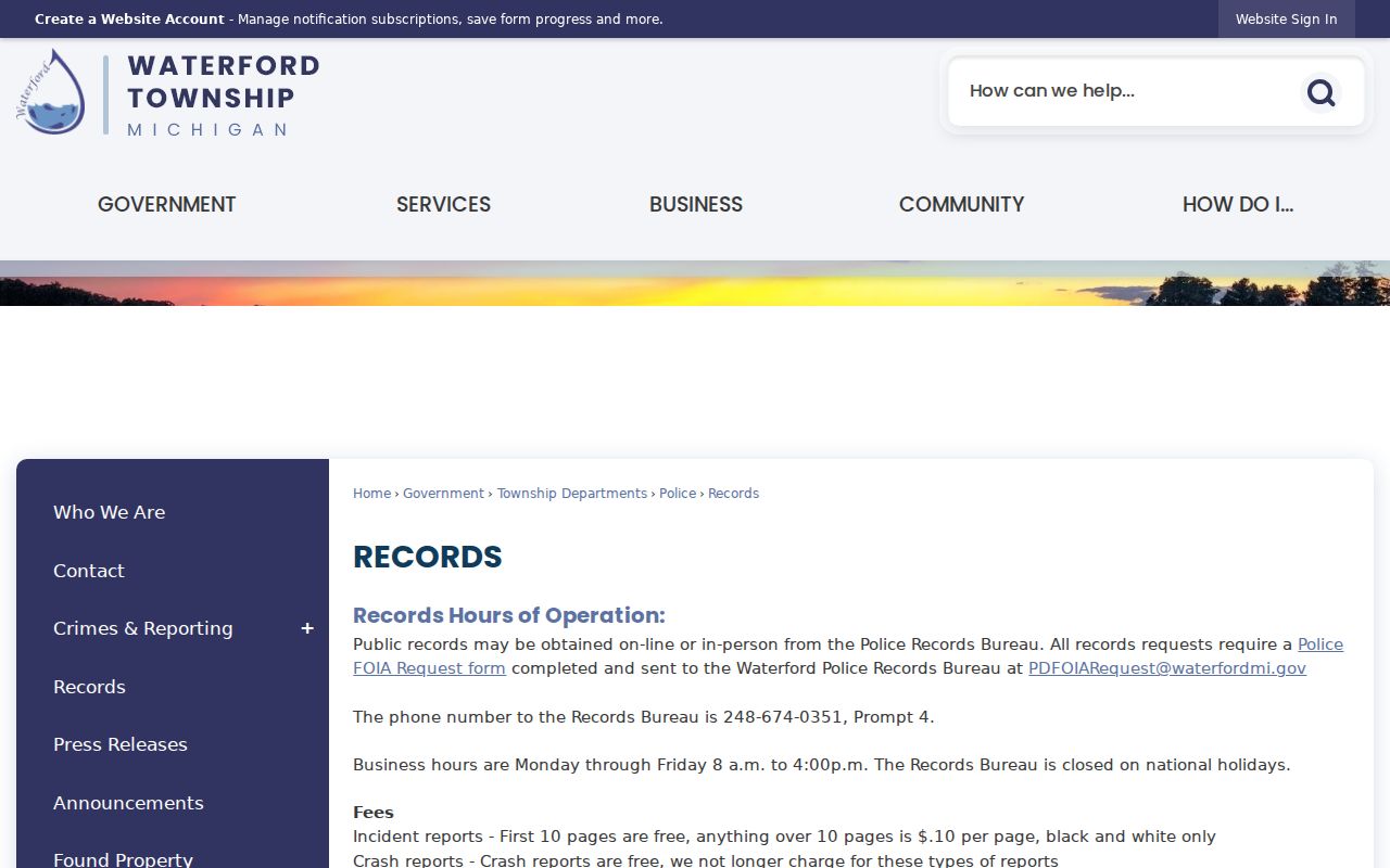 Waterford Township directory for resident police records