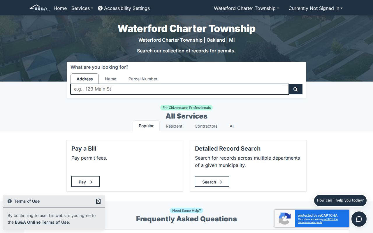 Waterford Township street directory BS&A permit search